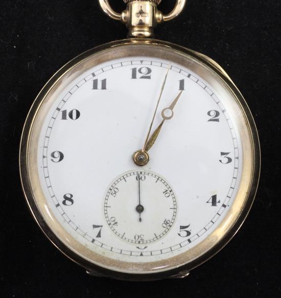 A George V 9ct gold open face keyless lever pocket watch together with a gold curb link albert,